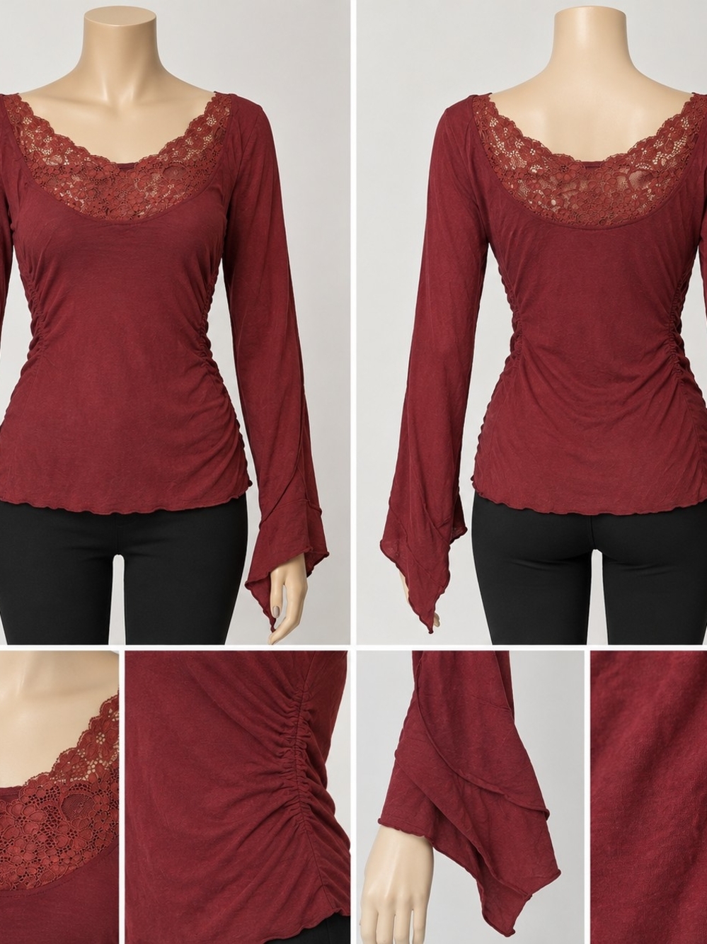 Lace-Trim Long Sleeve Top - Burgundy